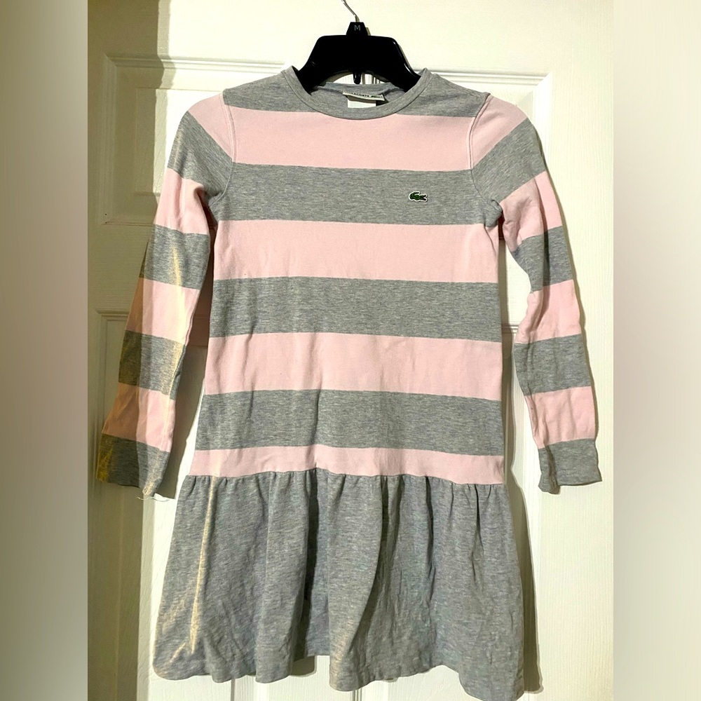 Lacoste Girls Size 10 Long Sleeve Baby Pink and Grey Striped Twirl Dress